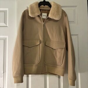 NWT Sandro Mens Beige Bomber Jacket Ficelle Aviator Shearling Collar Wool